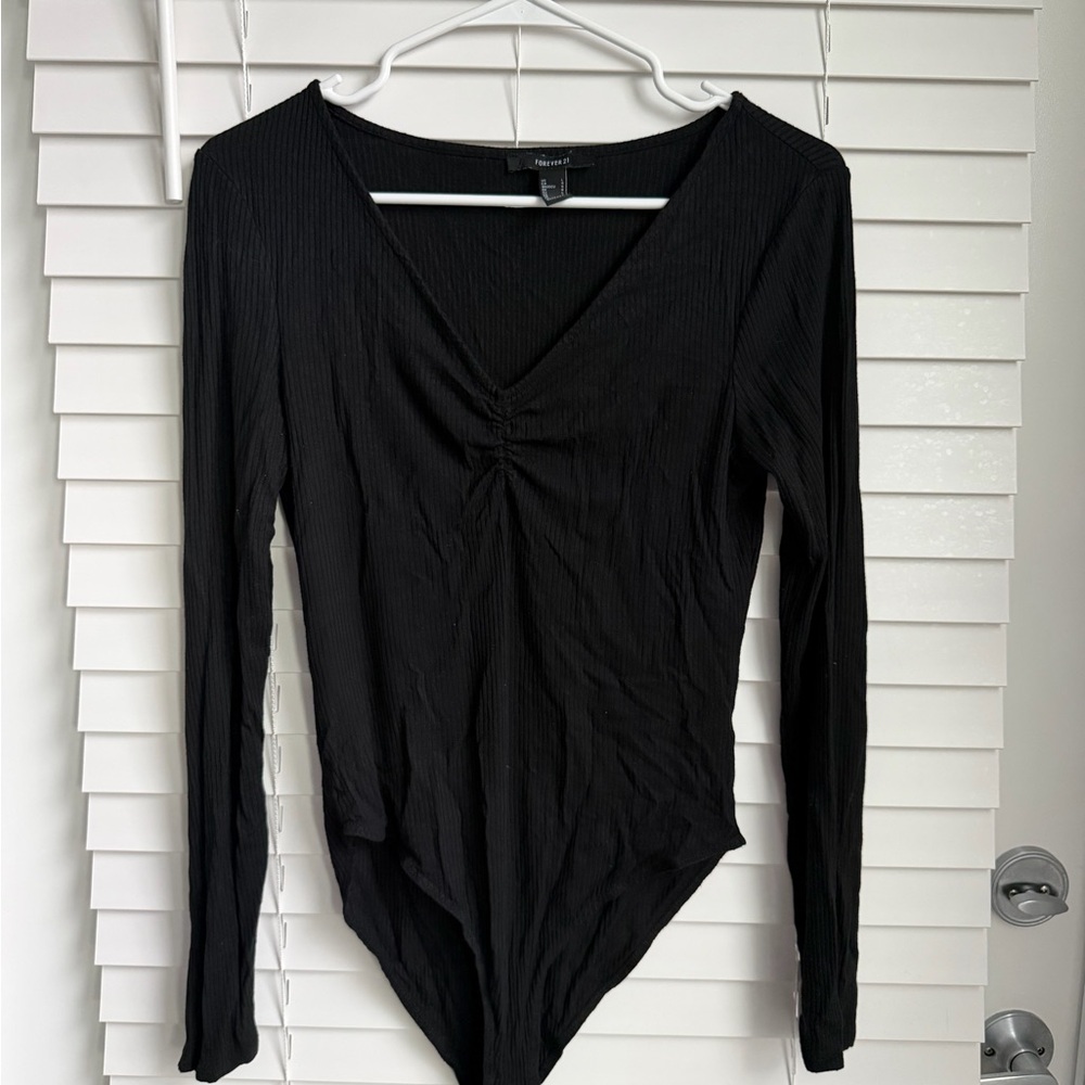Forever 21 Black Ribbed V-Neck Long-Sleeve Bodysuit